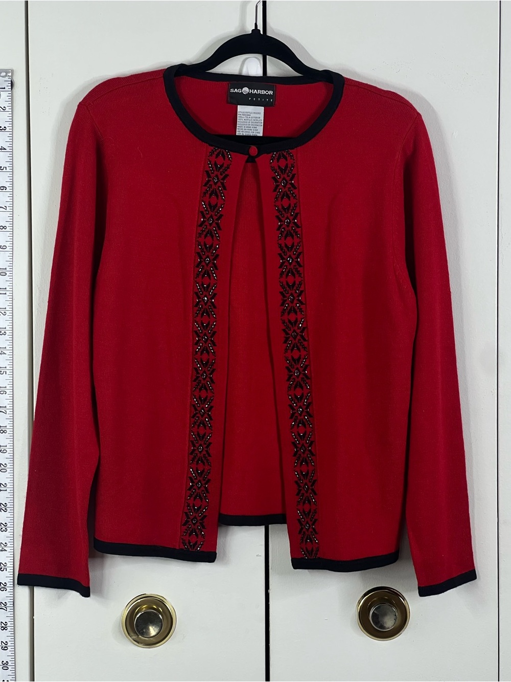 Sag Harbor Medium  Petite Red Black Beaded Embroidered Cardigan Sweater